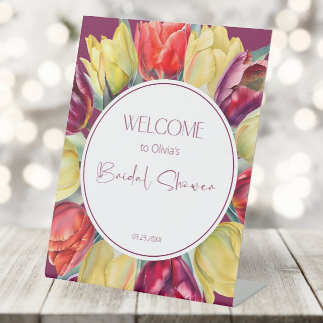 Red and yellow tulips Bridal shower Welcome Pedestal Sign (Creator Uploaded)