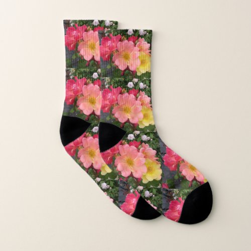 Red and Yellow Vintage Wild Rose Roses Floral Socks