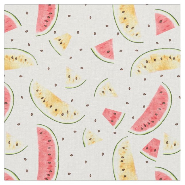 Red and Yellow Watercolor Watermelons Pattern Fabric (Close Up)