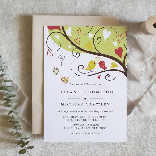 Yellow and Red Lovebirds Wedding Invitation