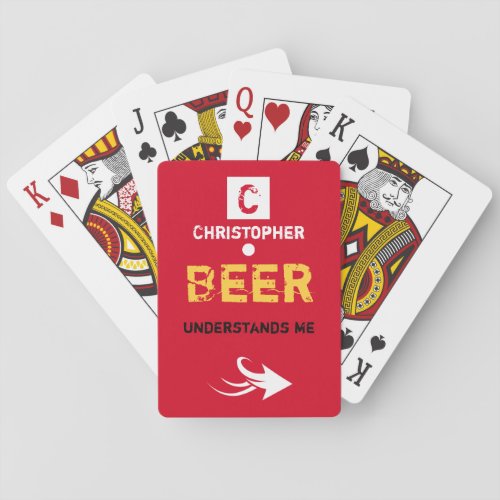 Red and yellow with beer quote and name poker cards