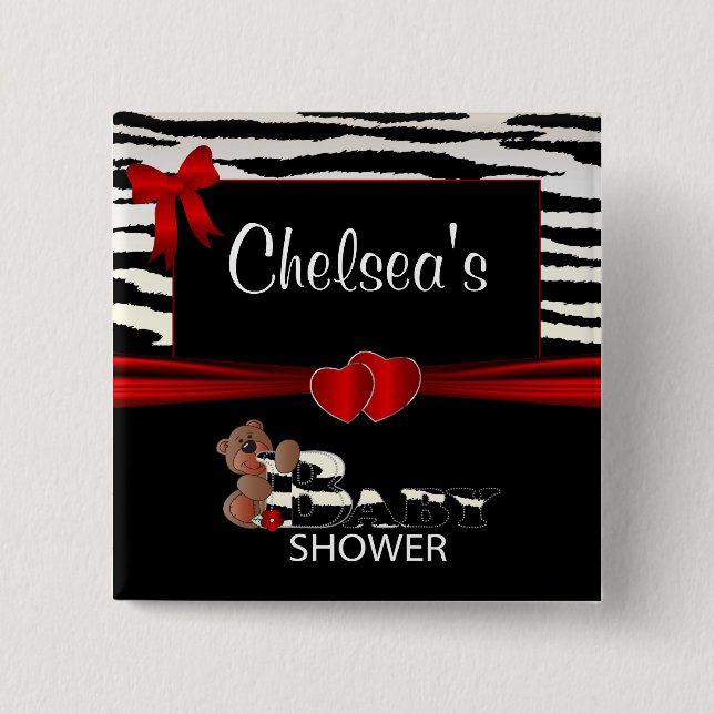 Red and Zebra Stripes Baby Shower Button (Front)