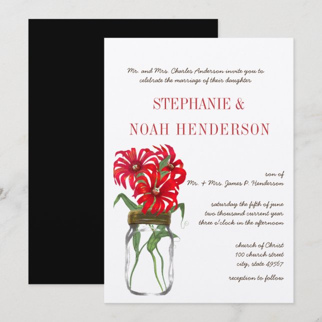 Red Andes Mountain Wild Flower  Mason Jar Wedding Invitation (Front/Back)