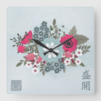 Red anemone blue daisy floral Chinese (Welcome) Square Wall Clock
