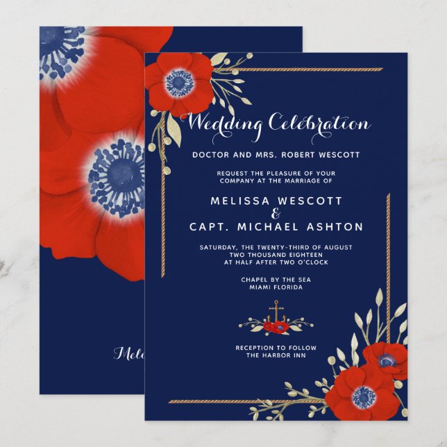 Red Anemone Formal Nautical Navy Wedding Invitation (Front/Back)