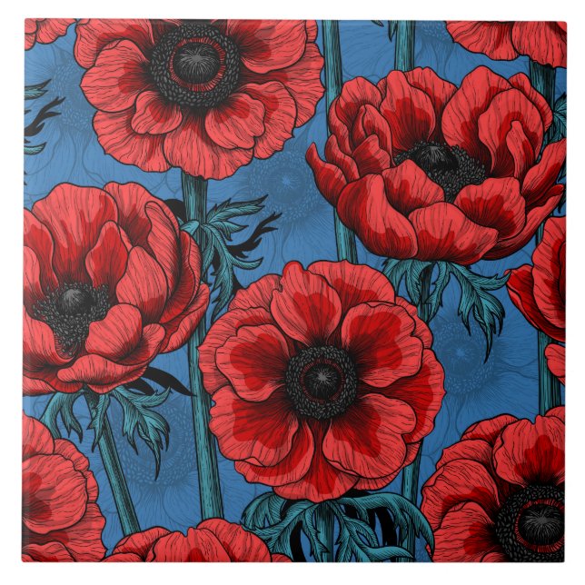 Red anemone garden ceramic tile (Front)