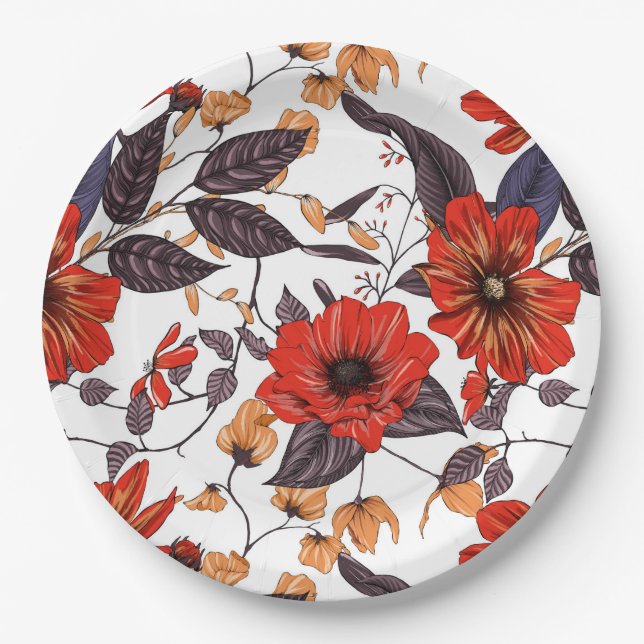 Red anemone gold delicate purple tan foliage paper plates (Front)