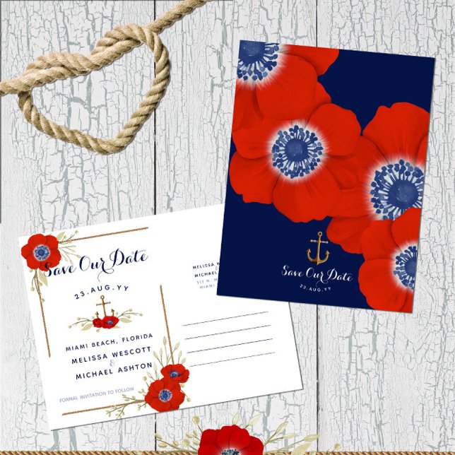 Red Anemone Nautical Anchor ❤️Budget Save the Date Announcement Postcard (Budget-Friendly Save Our Date with Nautical Theme and Red Anemone | Customize On Screen Now!)