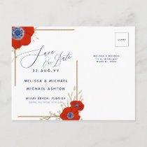 Red Anemone Nautical Navy + Anchor Save the Date A Announcement Postcard