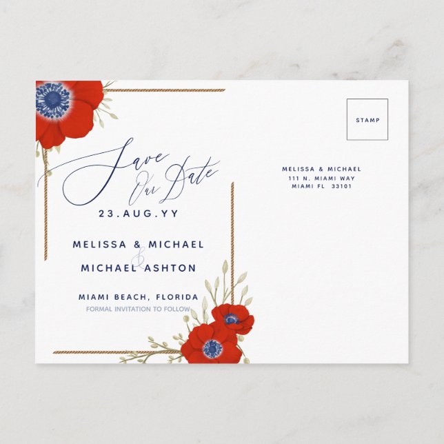Red Anemone Nautical Navy + Anchor Save the Date A Announcement Postcard (Back)