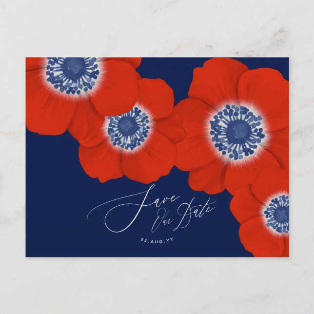 Red Anemone Nautical Navy + Anchor Save the Date Announcement Postcard (Front)