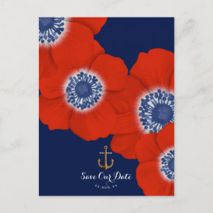 Red Anemone Nautical Navy + Anchor Save the Date Announcement Postcard