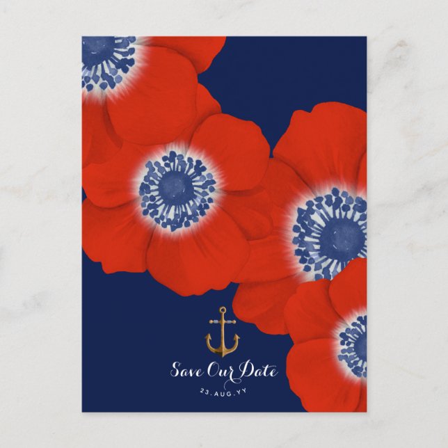 Red Anemone Nautical Navy + Anchor Save the Date Announcement Postcard (Front)