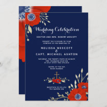 Red Anemone Nautical Navy Wedding Formal Invitation