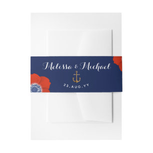 Red Anemones Watercolor + Nautical Red White Blue Invitation Belly Band