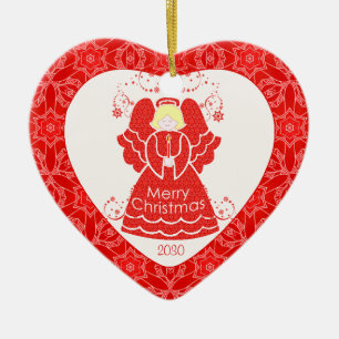 Red Angel Christmas Heart Ceramic Ornament