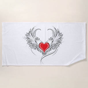Red Angel Heart with wings Beach Towel