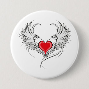 Red Angel Heart with wings Button