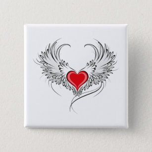 Red Angel Heart with wings Button