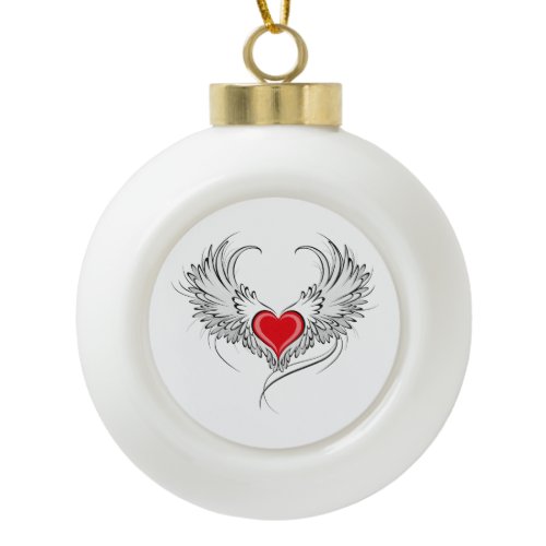 Red Angel Heart with wings Ceramic Ball Christmas Ornament