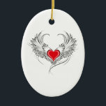 Red Angel Heart with wings Ceramic Ornament<br><div class="desc">Artistically painted red heart with angel wings gray,  decorated with black smooth contour.</div>