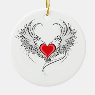 Red Angel Heart with wings Ceramic Ornament