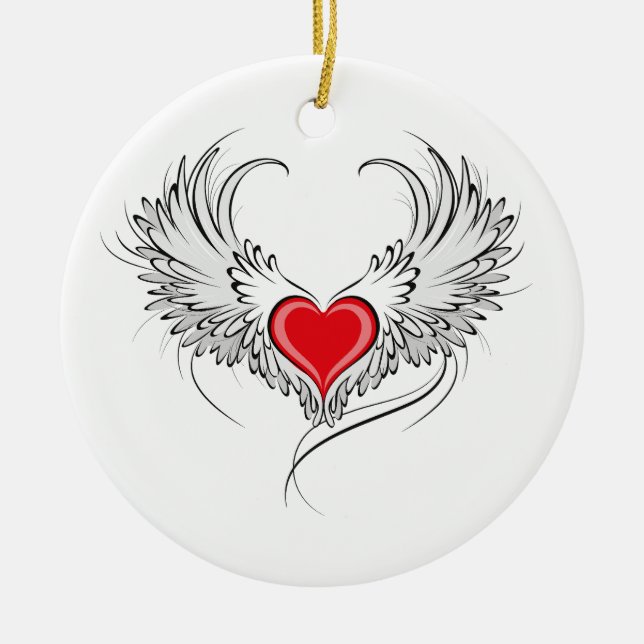 Red Angel Heart with wings Ceramic Ornament (Front)
