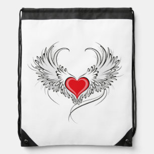 Red Angel Heart with wings Drawstring Bag