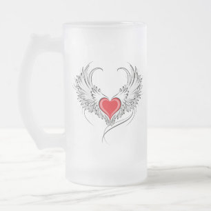 Red Angel Heart with wings Frosted Glass Beer Mug