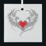 Red Angel Heart with wings Glass Ornament<br><div class="desc">Artistically painted red heart with angel wings gray,  decorated with black smooth contour.</div>