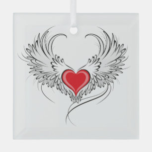 Red Angel Heart with wings Glass Ornament