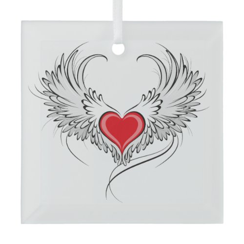 Red Angel Heart with wings Glass Ornament