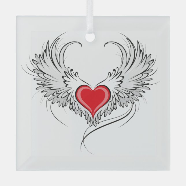 Red Angel Heart with wings Glass Ornament (Front)