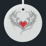 Red Angel Heart with wings Glass Ornament<br><div class="desc">Artistically painted red heart with angel wings gray,  decorated with black smooth contour.</div>