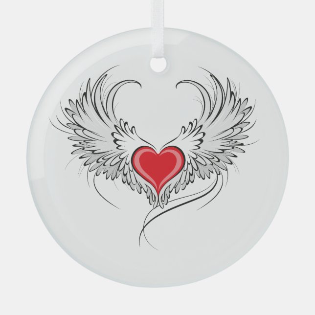 Red Angel Heart with wings Glass Ornament (Front)