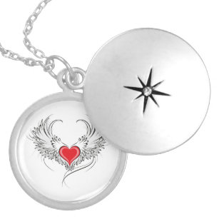 Red Angel Heart with wings Locket Necklace