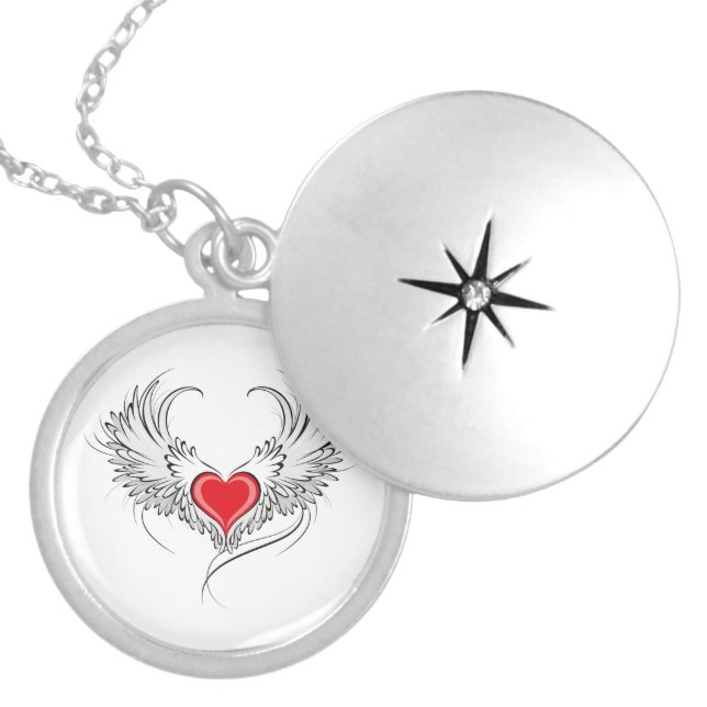 Red Angel Heart with wings Locket Necklace (Front)