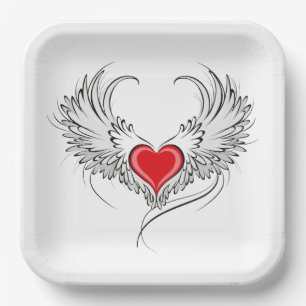 Red Angel Heart with wings Paper Plates
