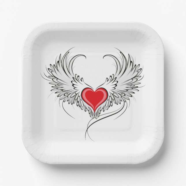 Red Angel Heart with wings Paper Plates (Front)