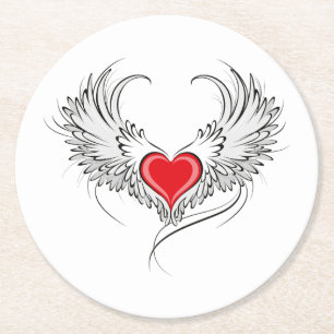 Red Angel Heart with wings Round Paper Coaster