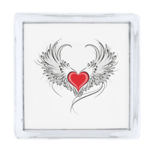 Red Angel Heart with wings Silver Finish Lapel Pin