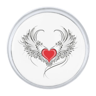 Red Angel Heart with wings Silver Finish Lapel Pin
