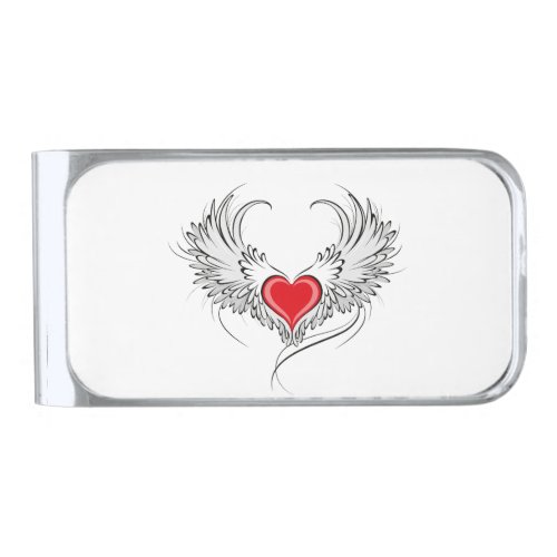 Red Angel Heart with wings Silver Finish Money Clip