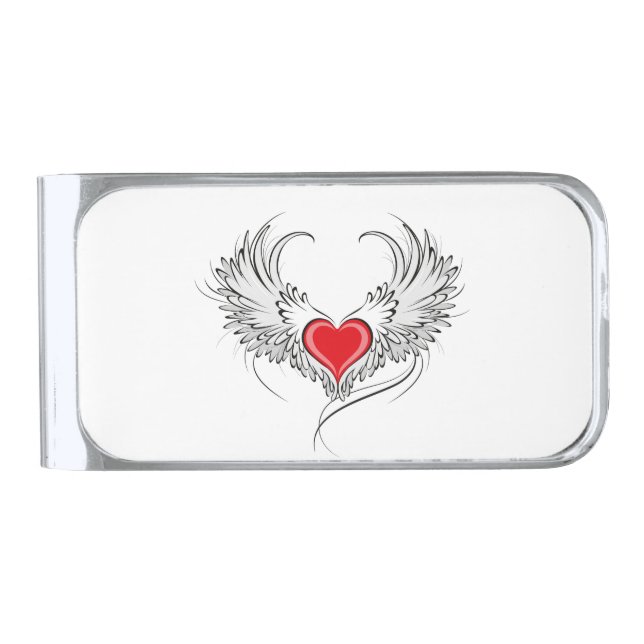 Red Angel Heart with wings Silver Finish Money Clip (Front)