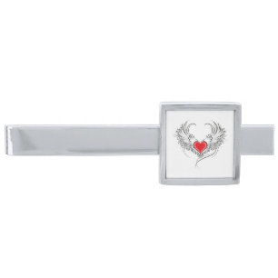 Red Angel Heart with wings Silver Finish Tie Bar