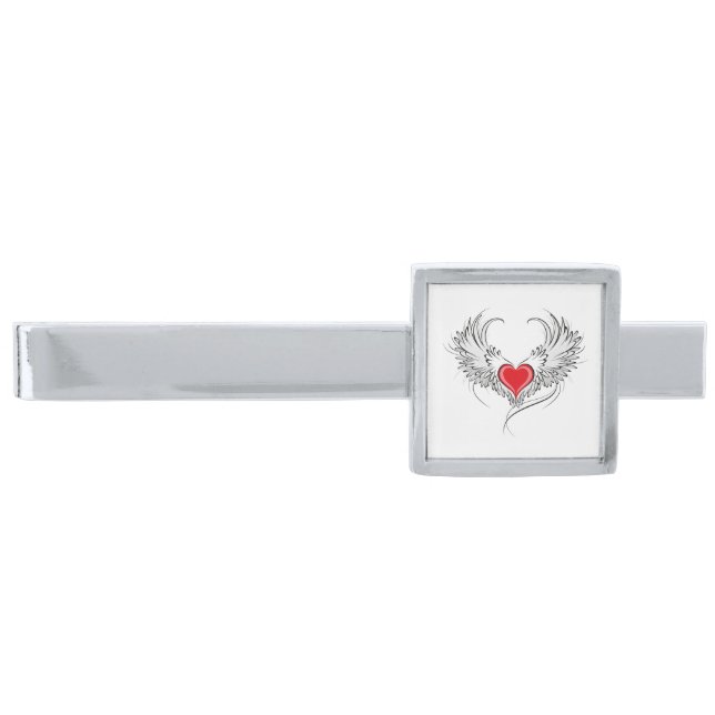 Red Angel Heart with wings Silver Finish Tie Bar (Front)