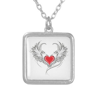 Red Angel Heart with wings Silver Plated Necklace