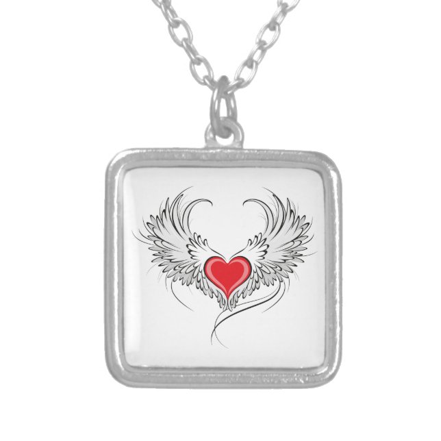 Red Angel Heart with wings Silver Plated Necklace (Front)