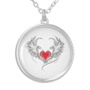 Red Angel Heart with wings Silver Plated Necklace