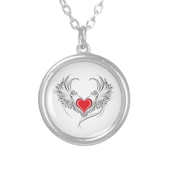 Red Angel Heart with wings Silver Plated Necklace (Front)